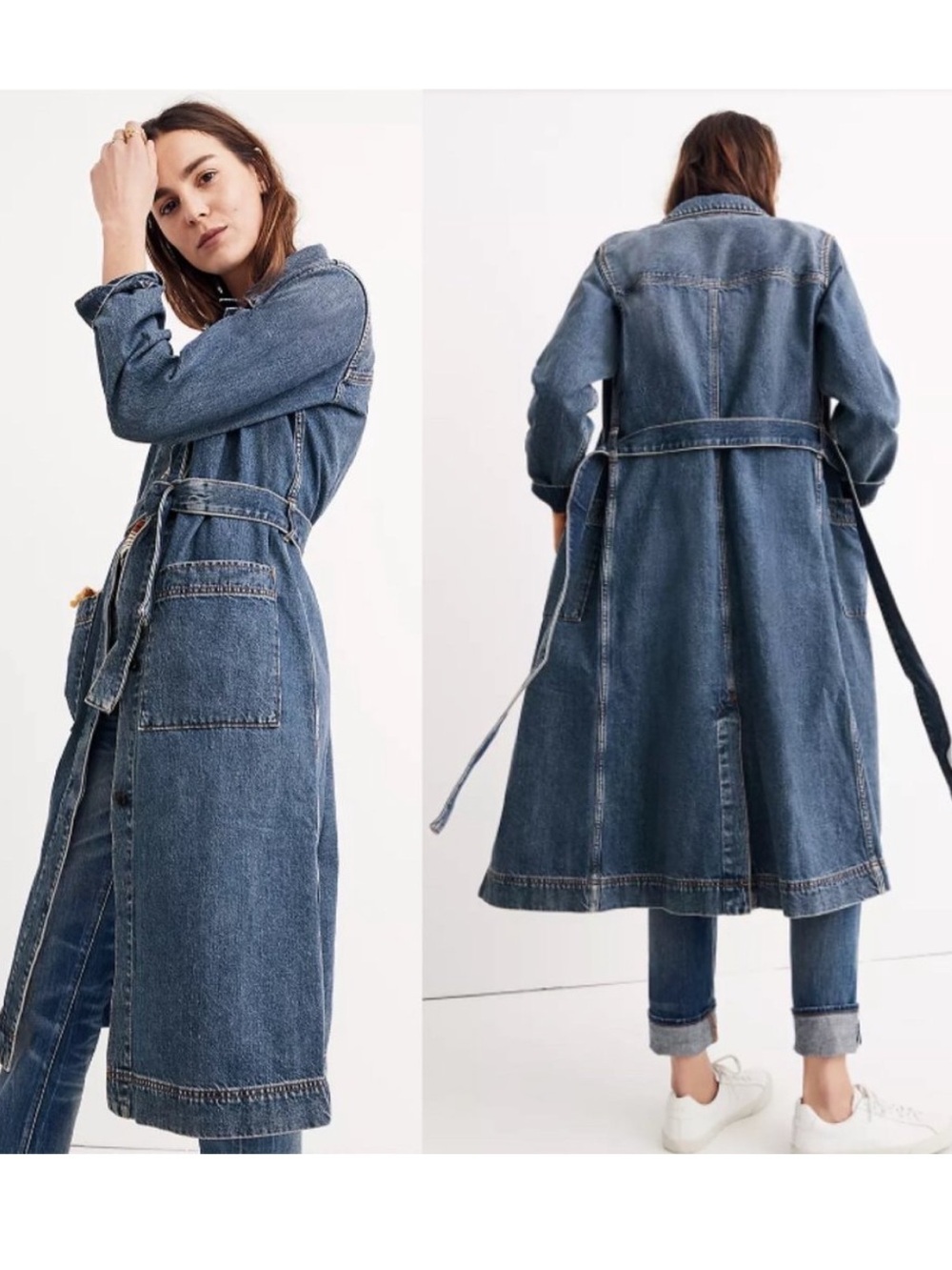 Madewell Denim Duster Coat Long Jacket in Blue Sz XXS *no belt*